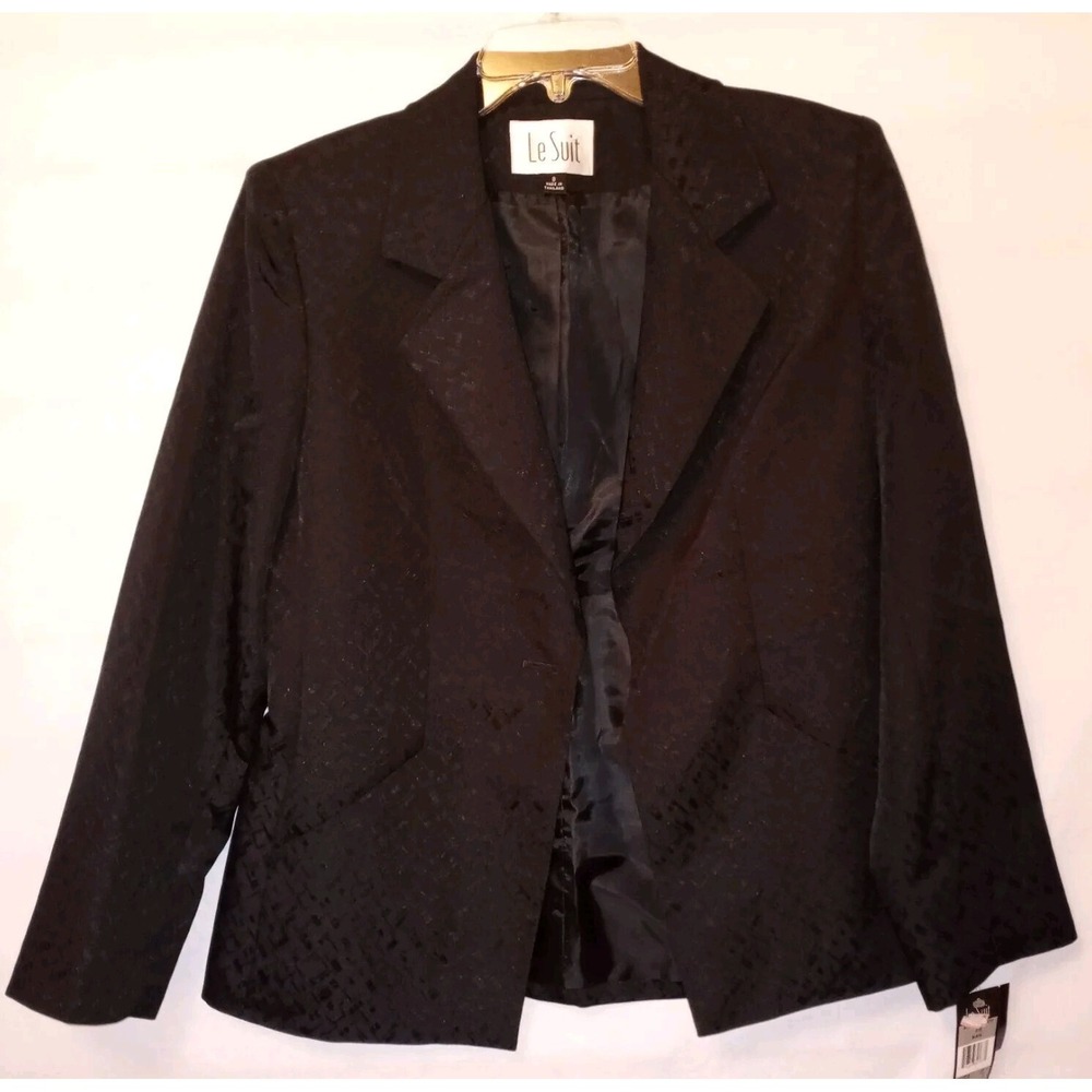 Le Suit Jacket Blazer Sz 8 Black Textured Pockets Lined Business Formal